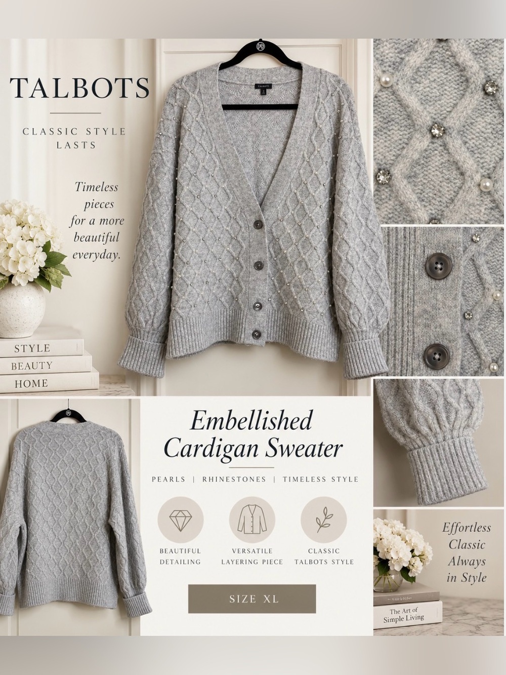 Talbots Light Gray Cable-Knit Cardigan With Pearl and Rhinestone Detail | Sz XL